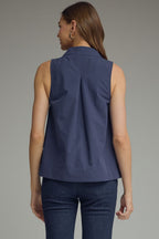 NAVY SPLIT V-NECK W/COLLAR TOP