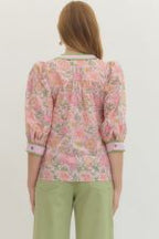 Lt  Pink Floral 3/4 Puff Sleeve Top