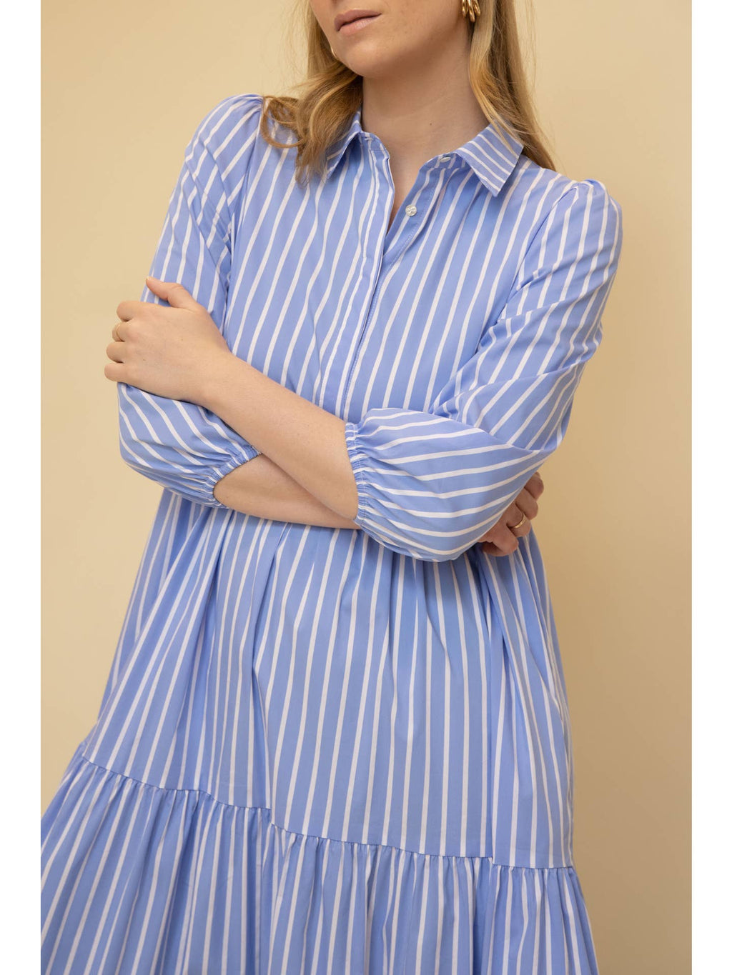 Striped Poplin Collared ¾ Sleeve Tiered Button Up Maxi Dress