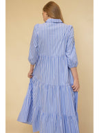 Striped Poplin Collared ¾ Sleeve Tiered Button Up Maxi Dress