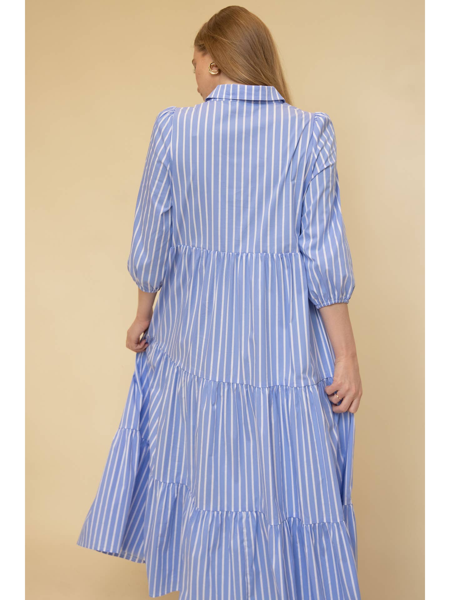Striped Poplin Collared ¾ Sleeve Tiered Button Up Maxi Dress