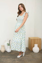 FLORAL TILE PATTERN SMOCKED SLEEVELESS MIDI DRESS: BLUE MULTI
