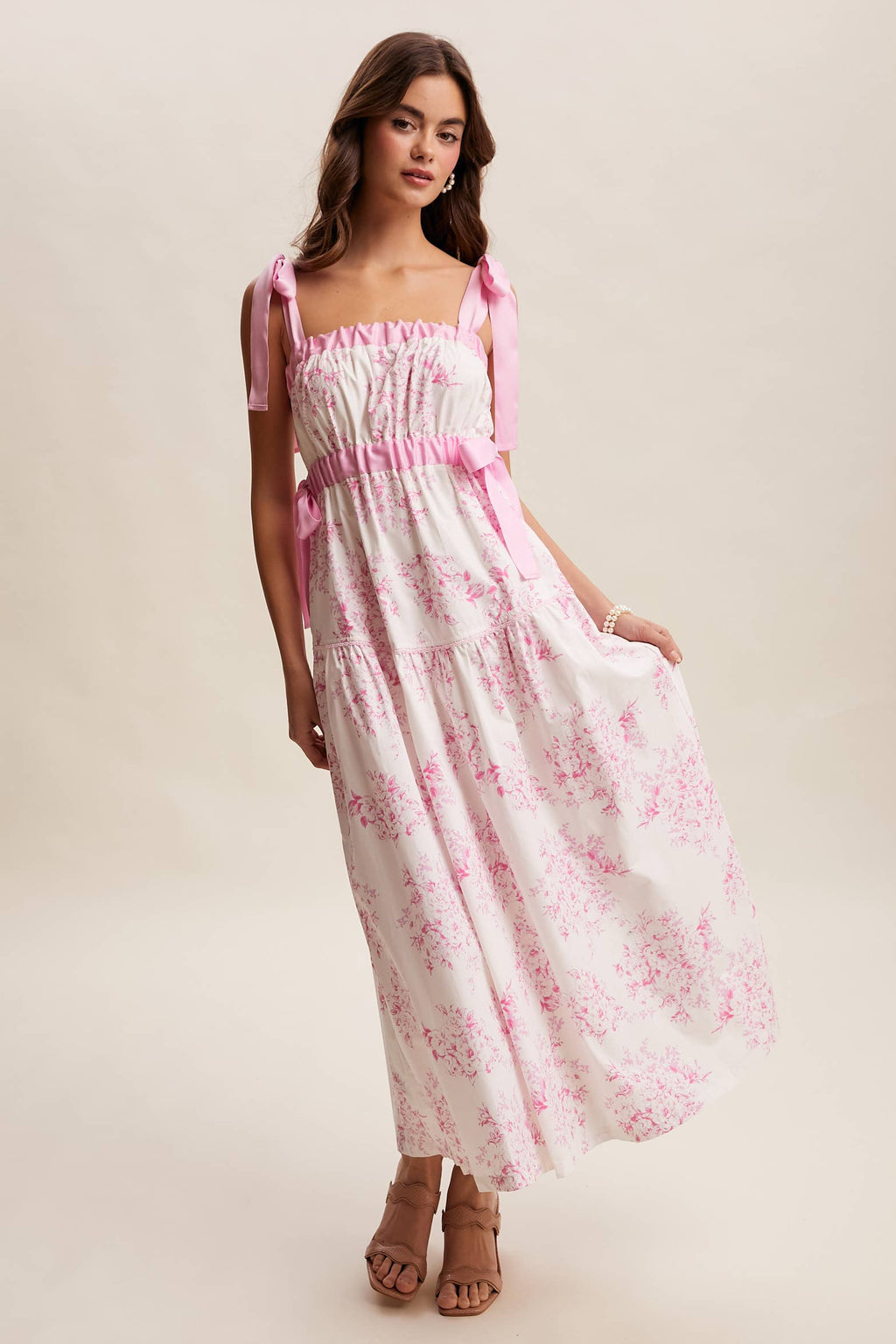 Floral Toile Ribbon Strap Maxi Dress