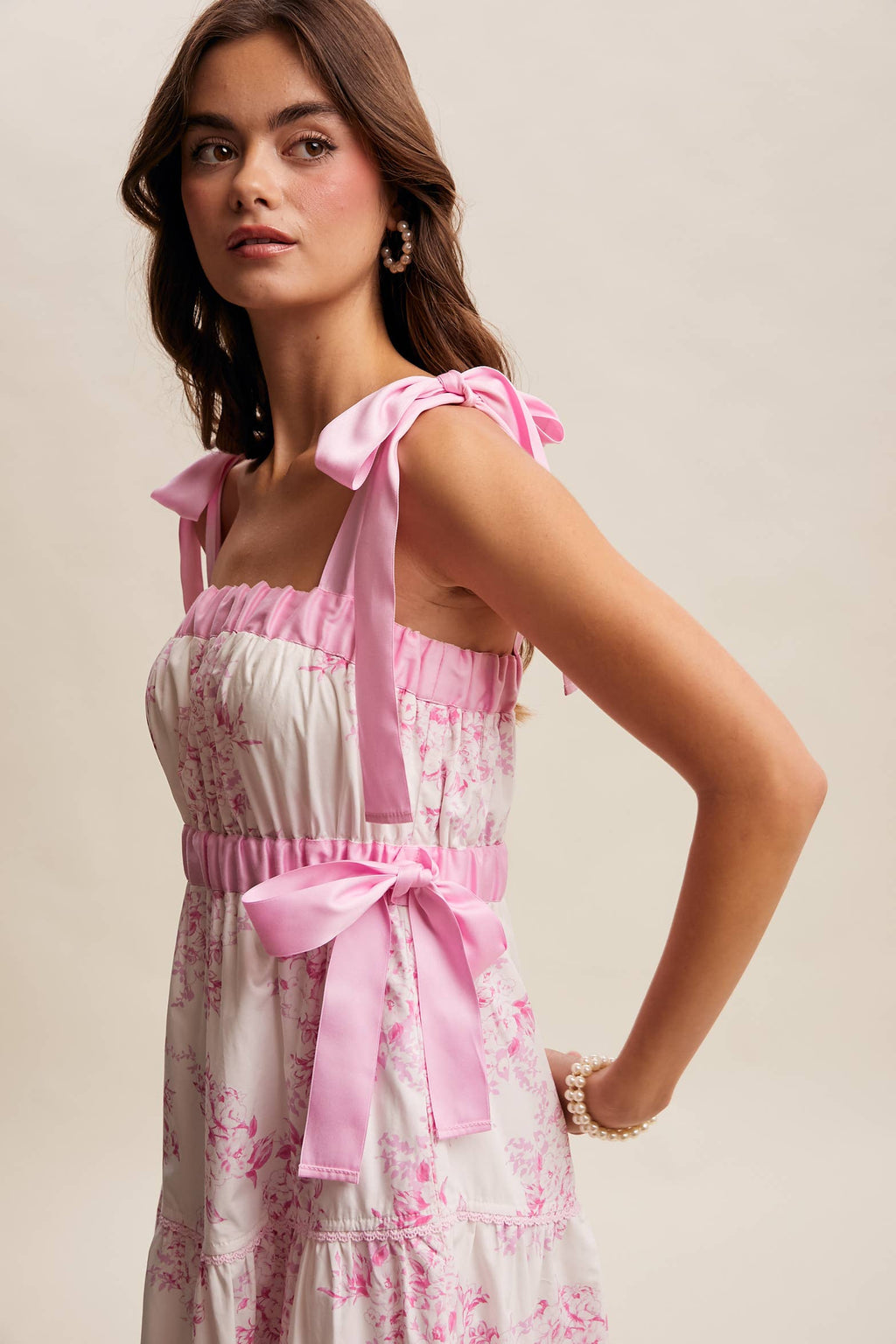 Floral Toile Ribbon Strap Maxi Dress