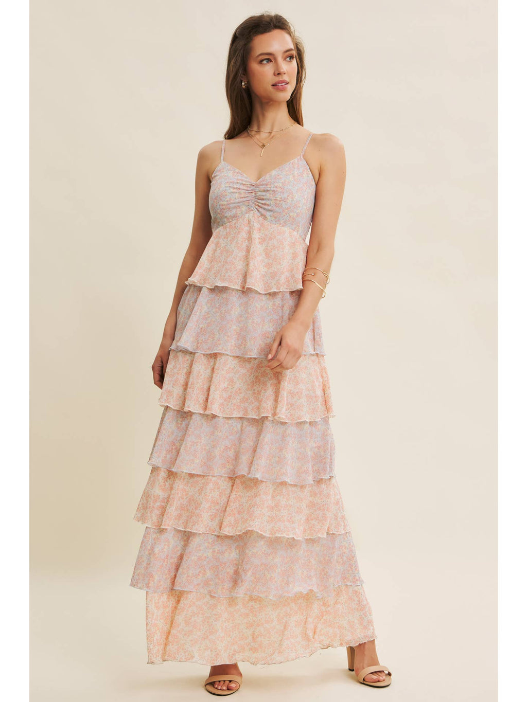 Pastel Multi Romantic Story Cascading Tiered Ruffle Smocked Maxi Dress