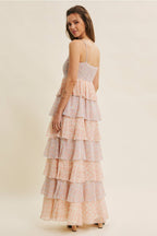 Pastel Multi Romantic Story Cascading Tiered Ruffle Smocked Maxi Dress
