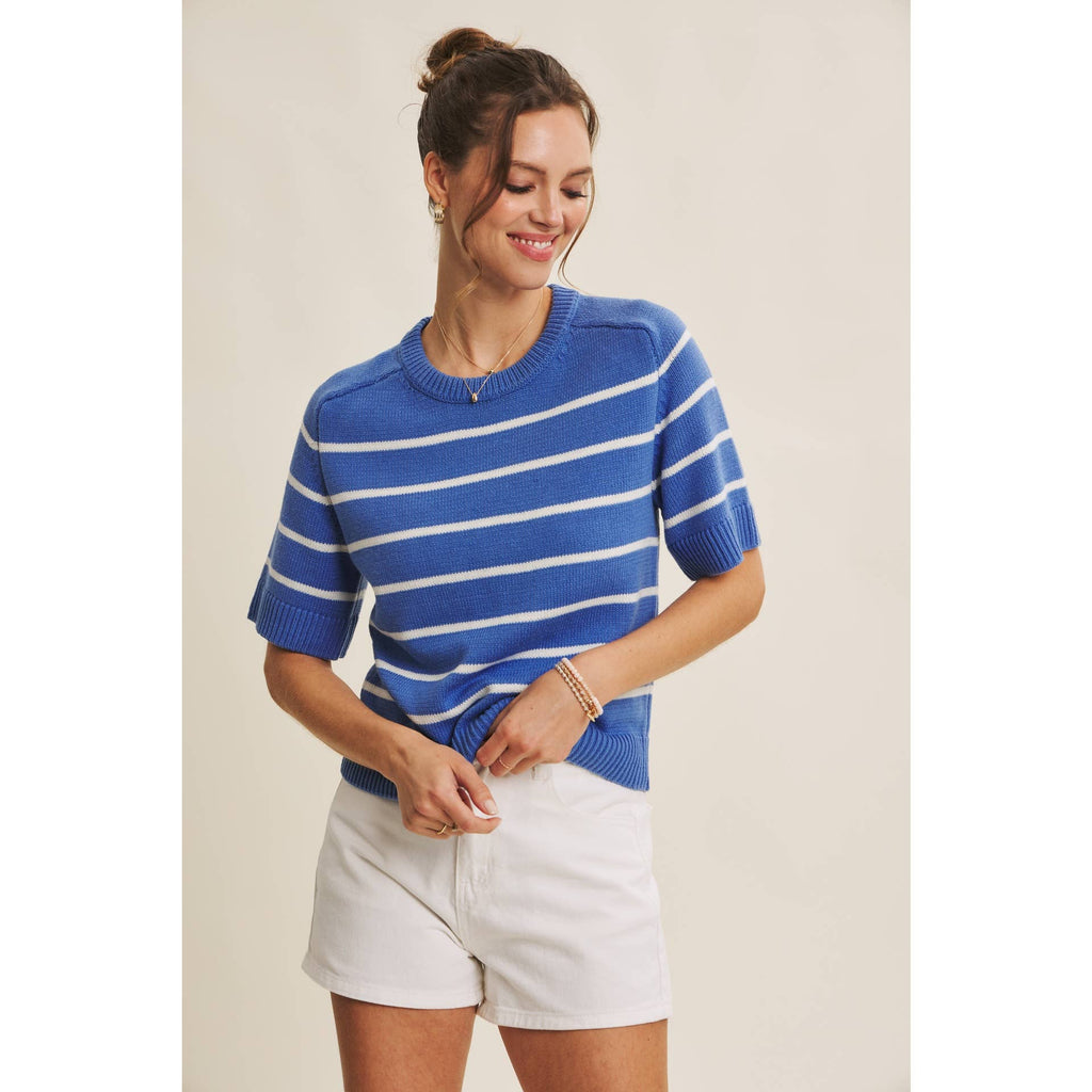 SAPPHIRE BLUE SUMMER ESSENTIAL STRIPE SWEATER TOP WITH RAGLAN SLVS
