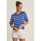 SAPPHIRE BLUE SUMMER ESSENTIAL STRIPE SWEATER TOP WITH RAGLAN SLVS