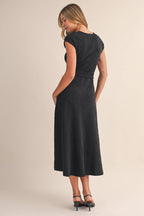 BLACK BELTED SHORT SLEEVE JACQUARD MIDI DRESS