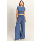 NAVY SHORT SL TOP & WIDE LEG PANT SET