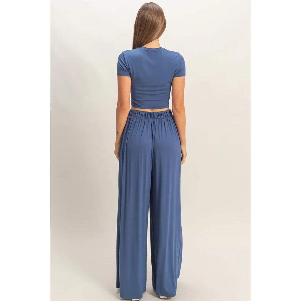 NAVY SHORT SL TOP & WIDE LEG PANT SET