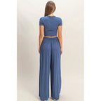 NAVY SHORT SL TOP & WIDE LEG PANT SET