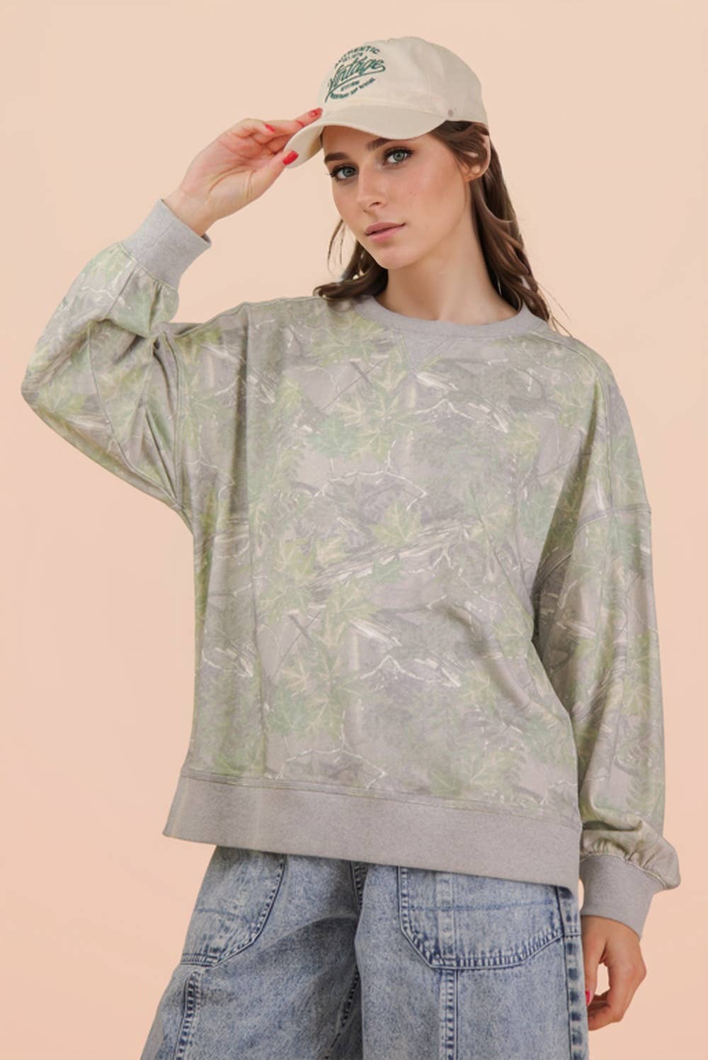 OLIVE CAMO MIX Oversized Round Neck Long Knit Top