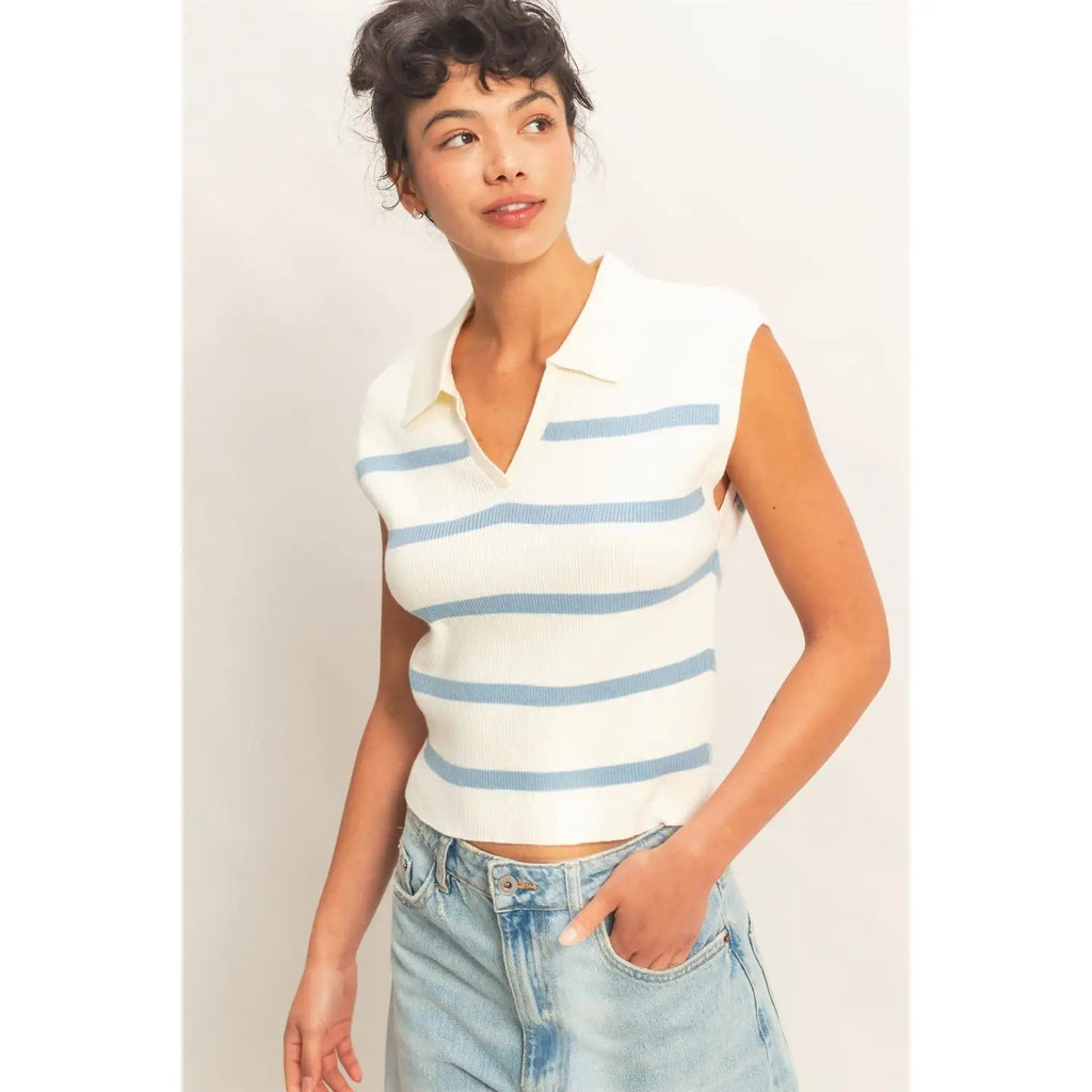 BLUE STRIPED COLLARED POLO TOP