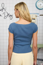 WASHED BOAT NECK SHORT SLEEVE RIBBED KNIT TOP: VINTAGE BLUE