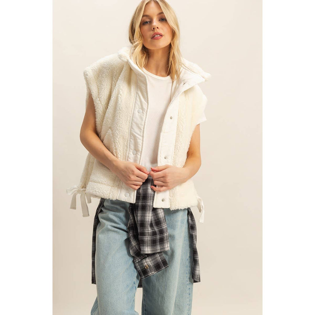 WHITE Cozy Sherpa Vest Jacket with Tie-Up Side Details