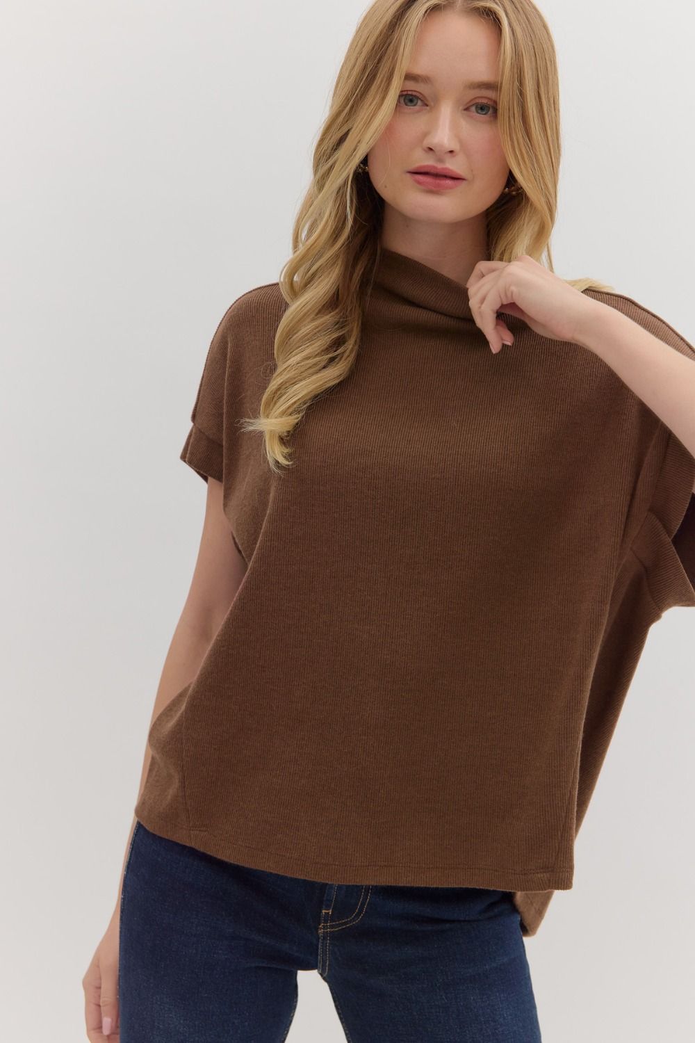 Brown Short Sleeve Mock Neck Blouse