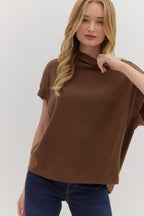 Brown Short Sleeve Mock Neck Blouse