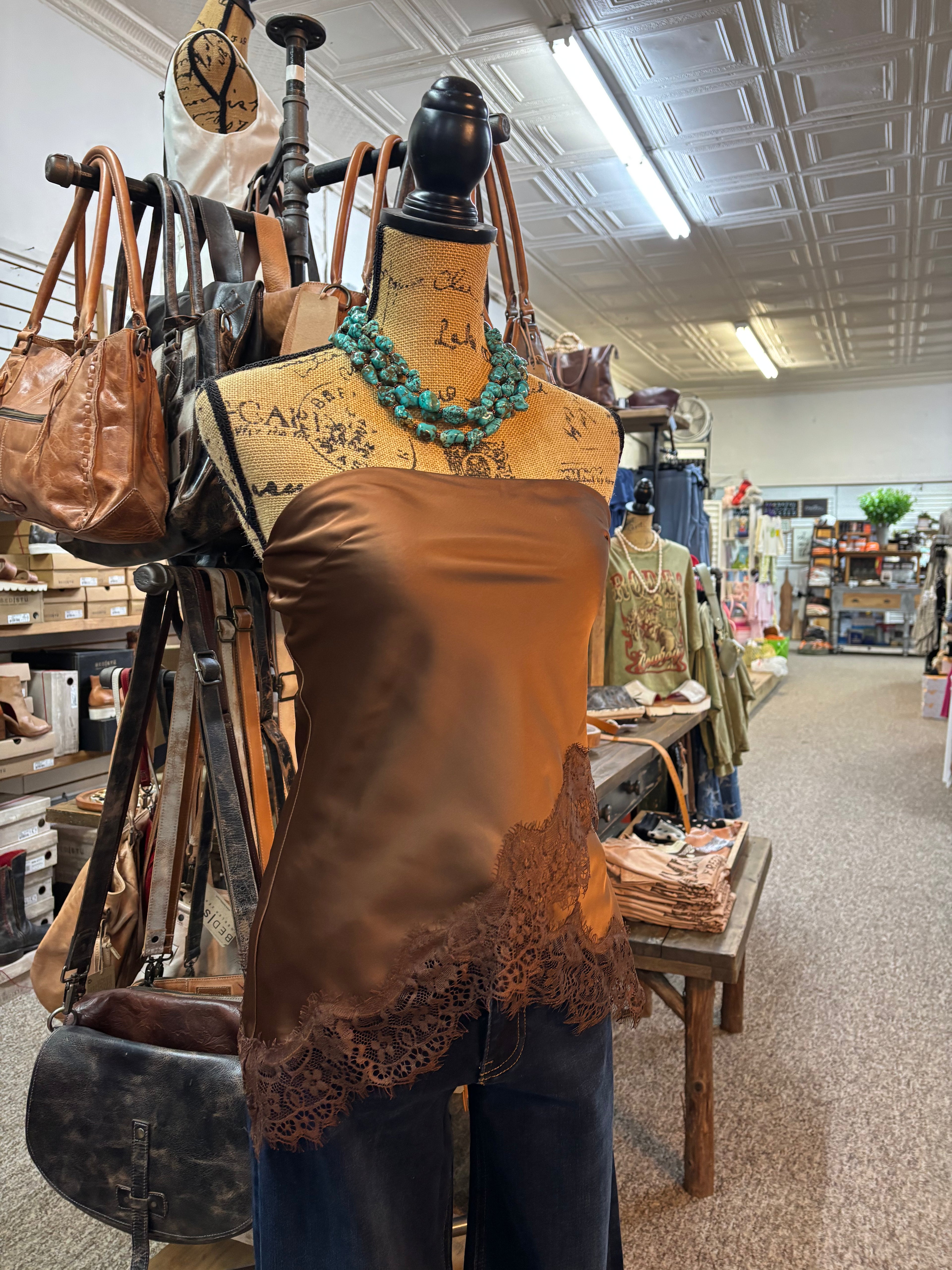 Mocha Satin Asymmetrical Lace Hem Tube Top