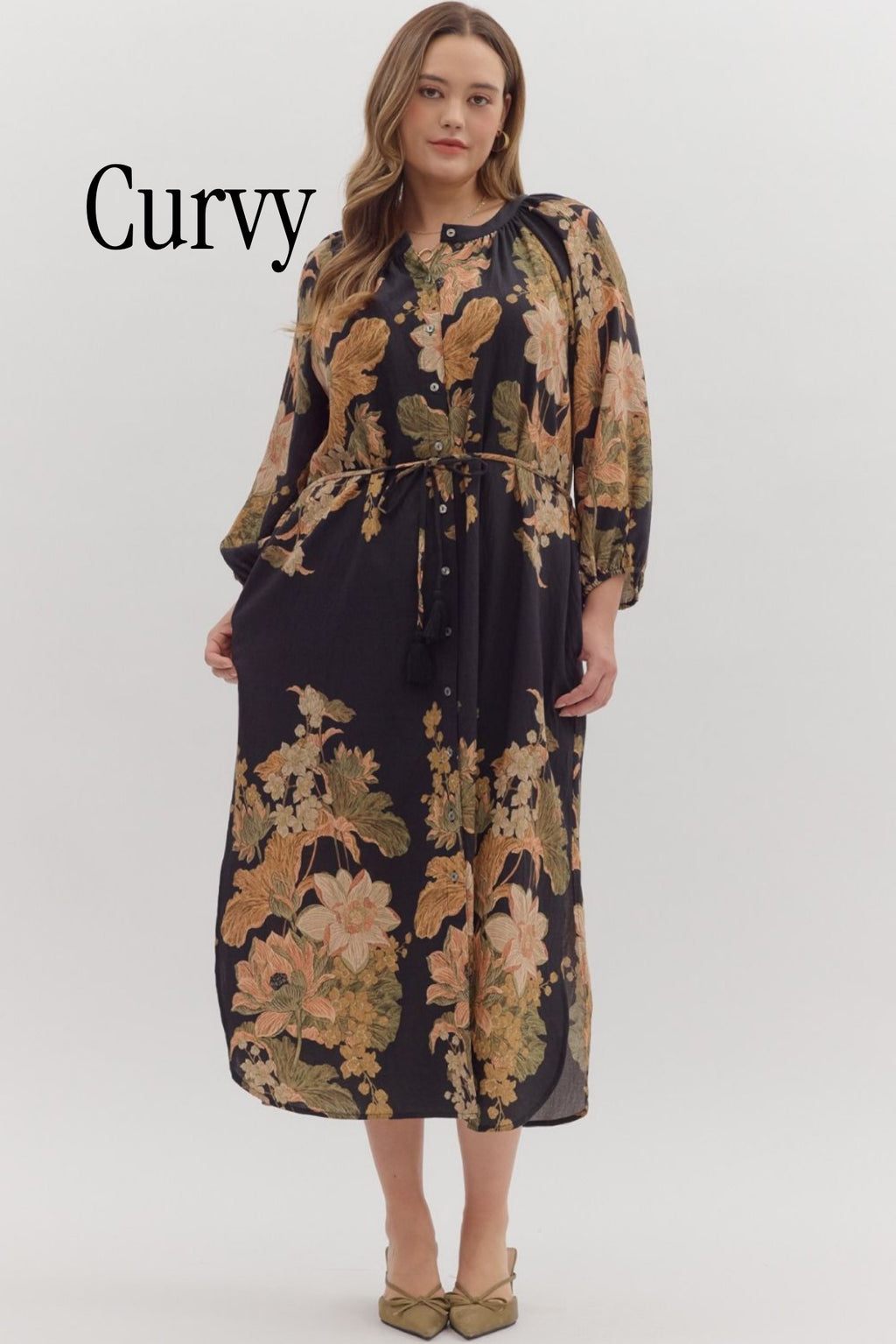 BLACK FLORAL PRINT MIDI DRESS
