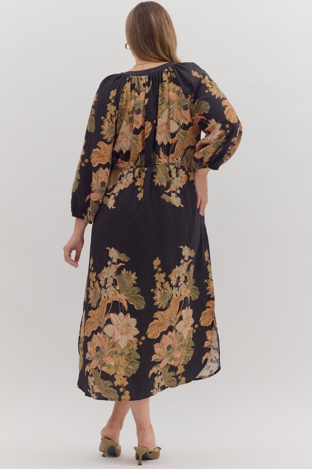 BLACK FLORAL PRINT MIDI DRESS