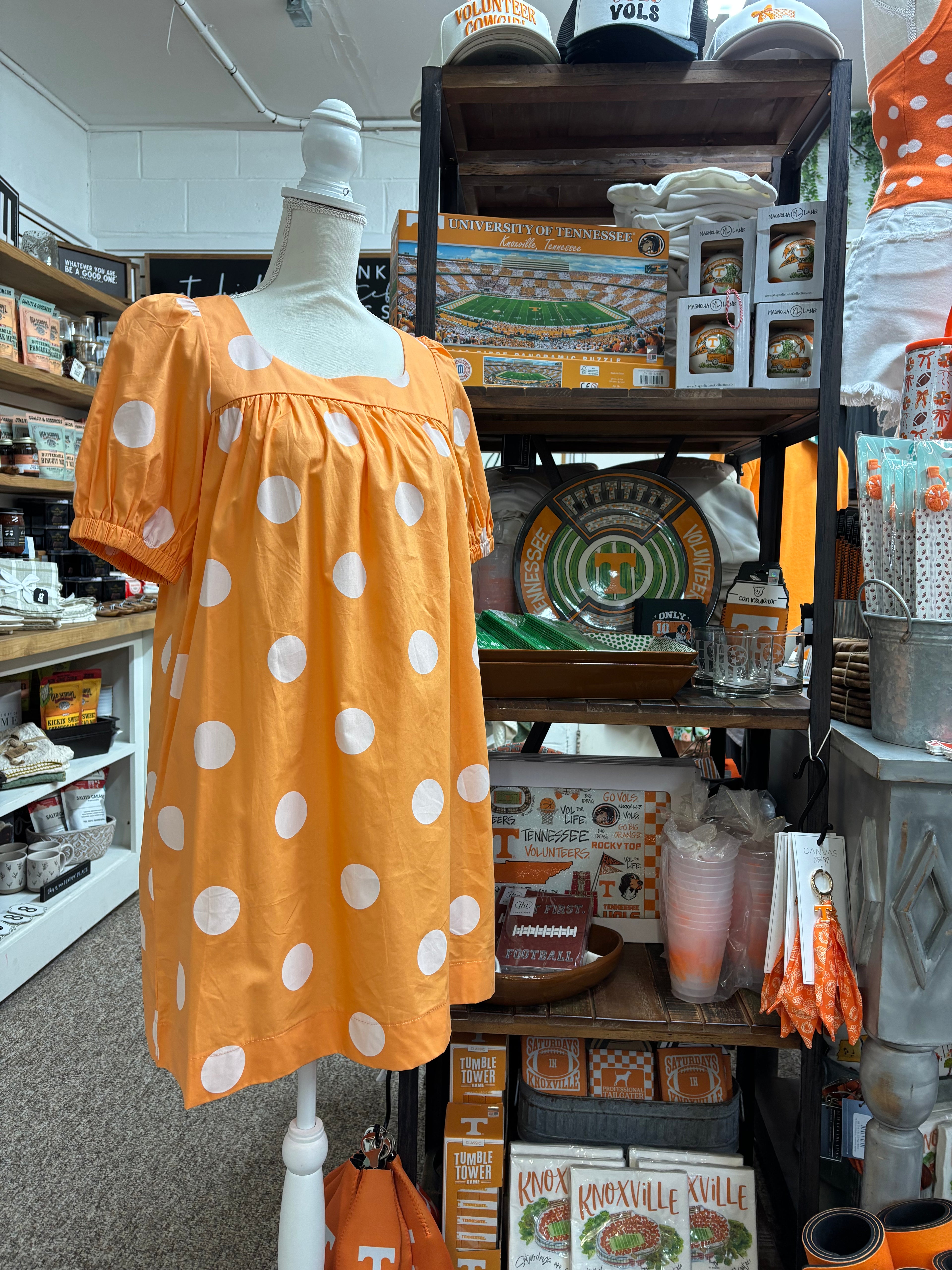 Orange White Gameday Polka Dot Puff Sleeve Dress