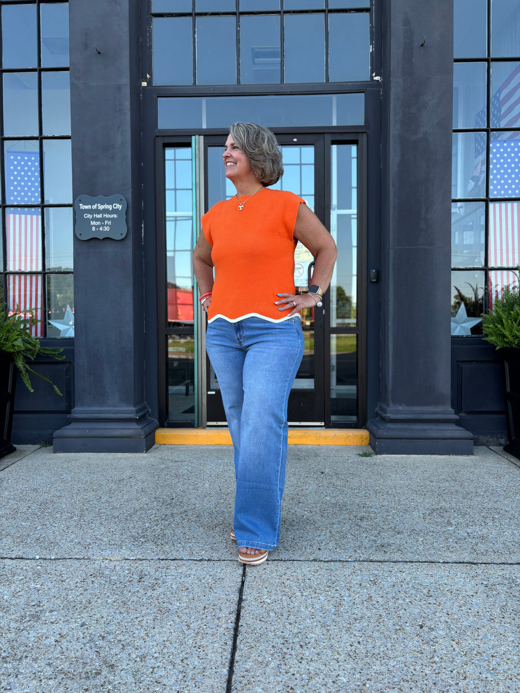 Orange Cap Sleeve Scallop Hem Game Day Sweater