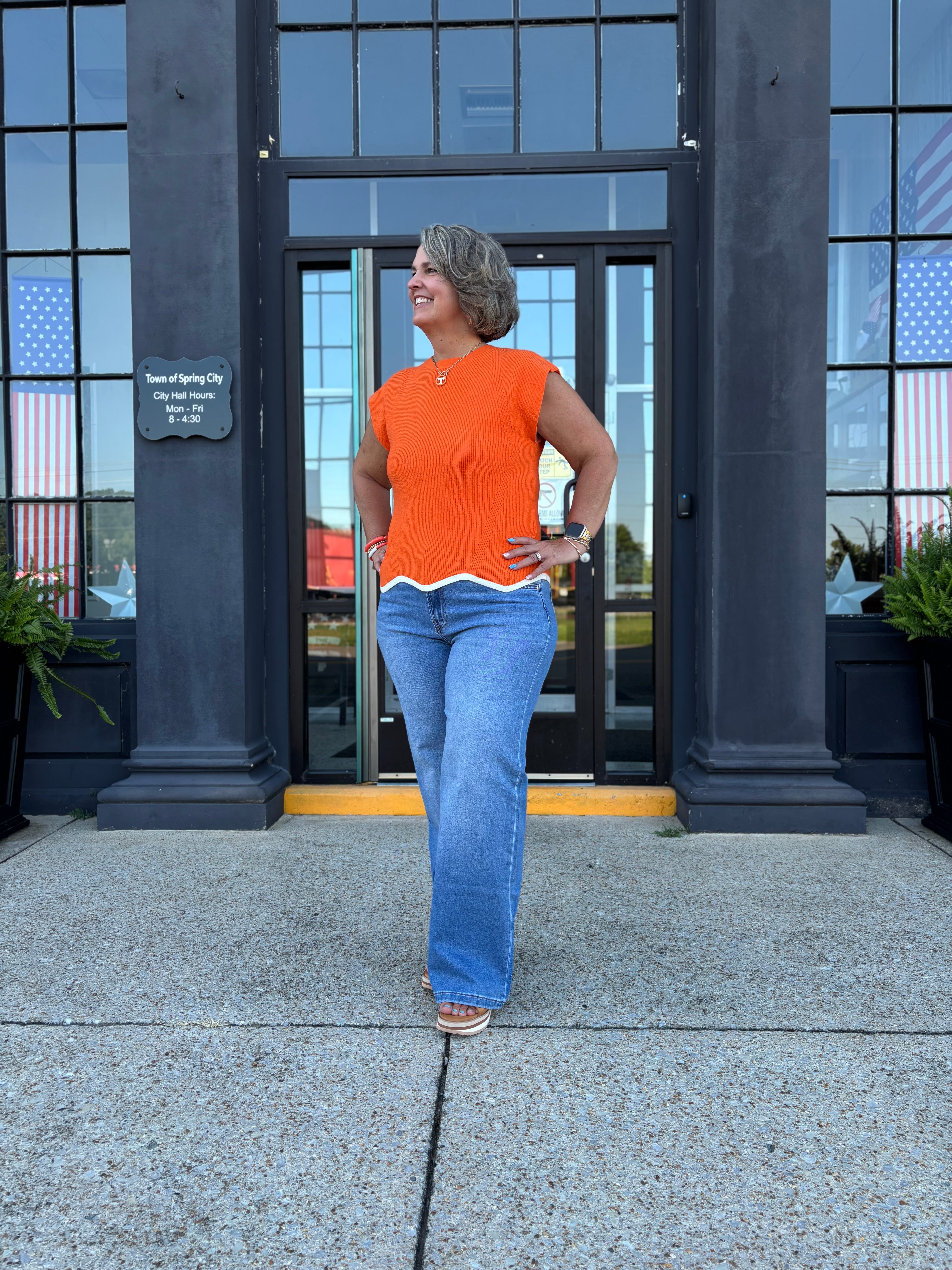 Orange Cap Sleeve Scallop Hem Game Day Sweater