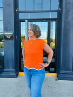 Orange Cap Sleeve Scallop Hem Game Day Sweater