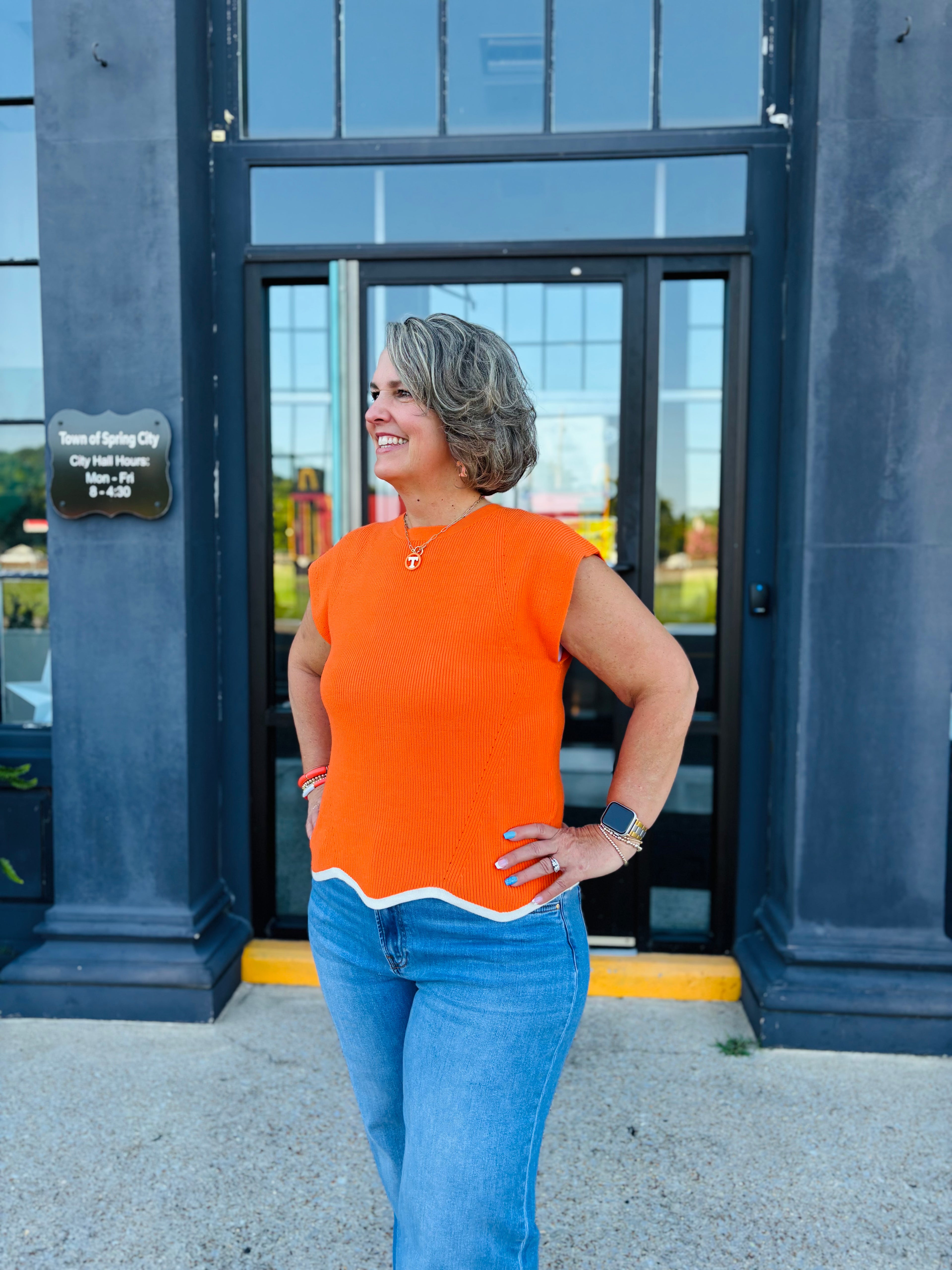 Orange Cap Sleeve Scallop Hem Game Day Sweater