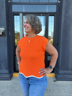 Orange Cap Sleeve Scallop Hem Game Day Sweater