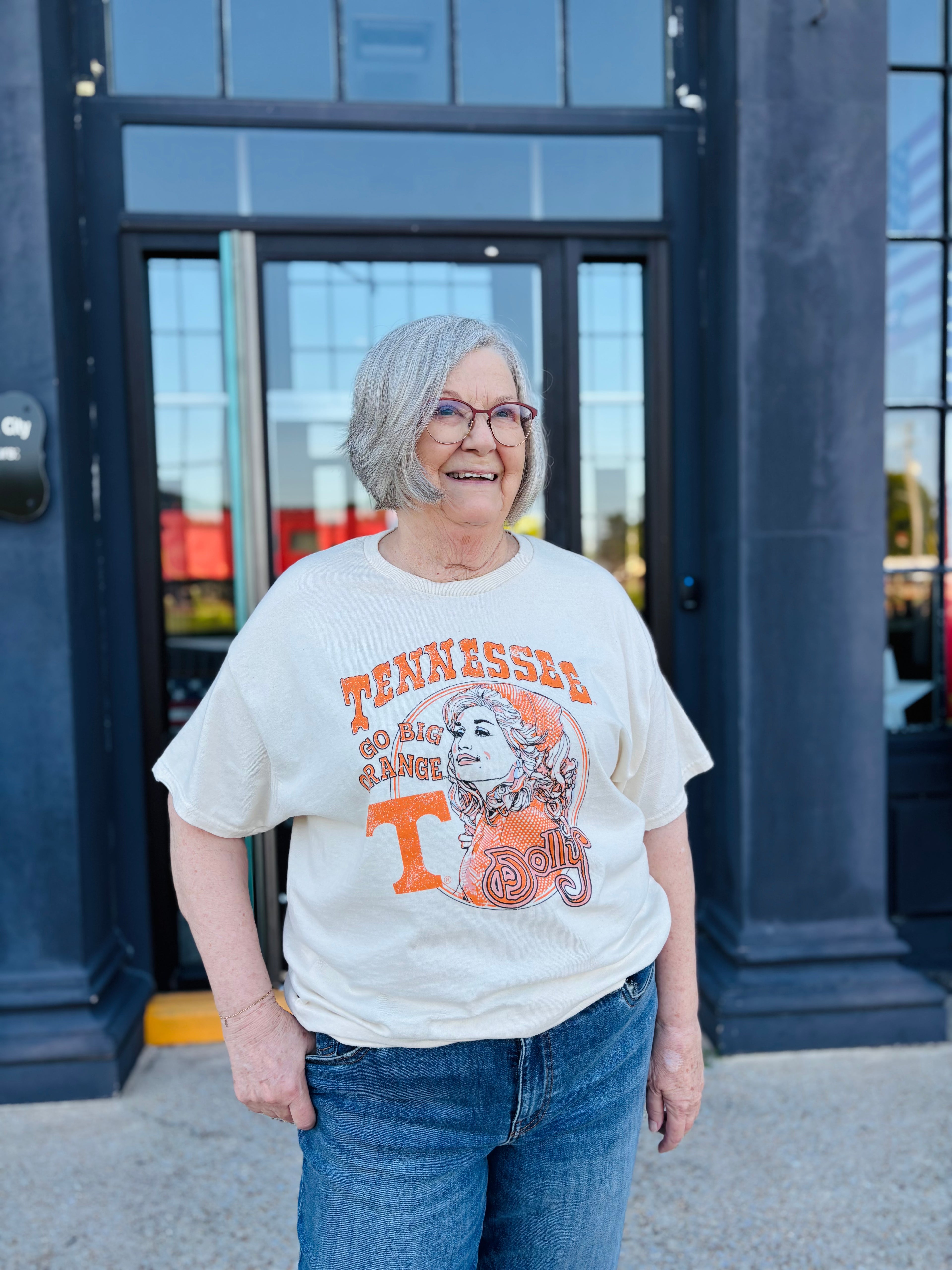 OFF WHITE DOLLY PARTON GO BIG ORANGE SCARF THRIFTED TEE