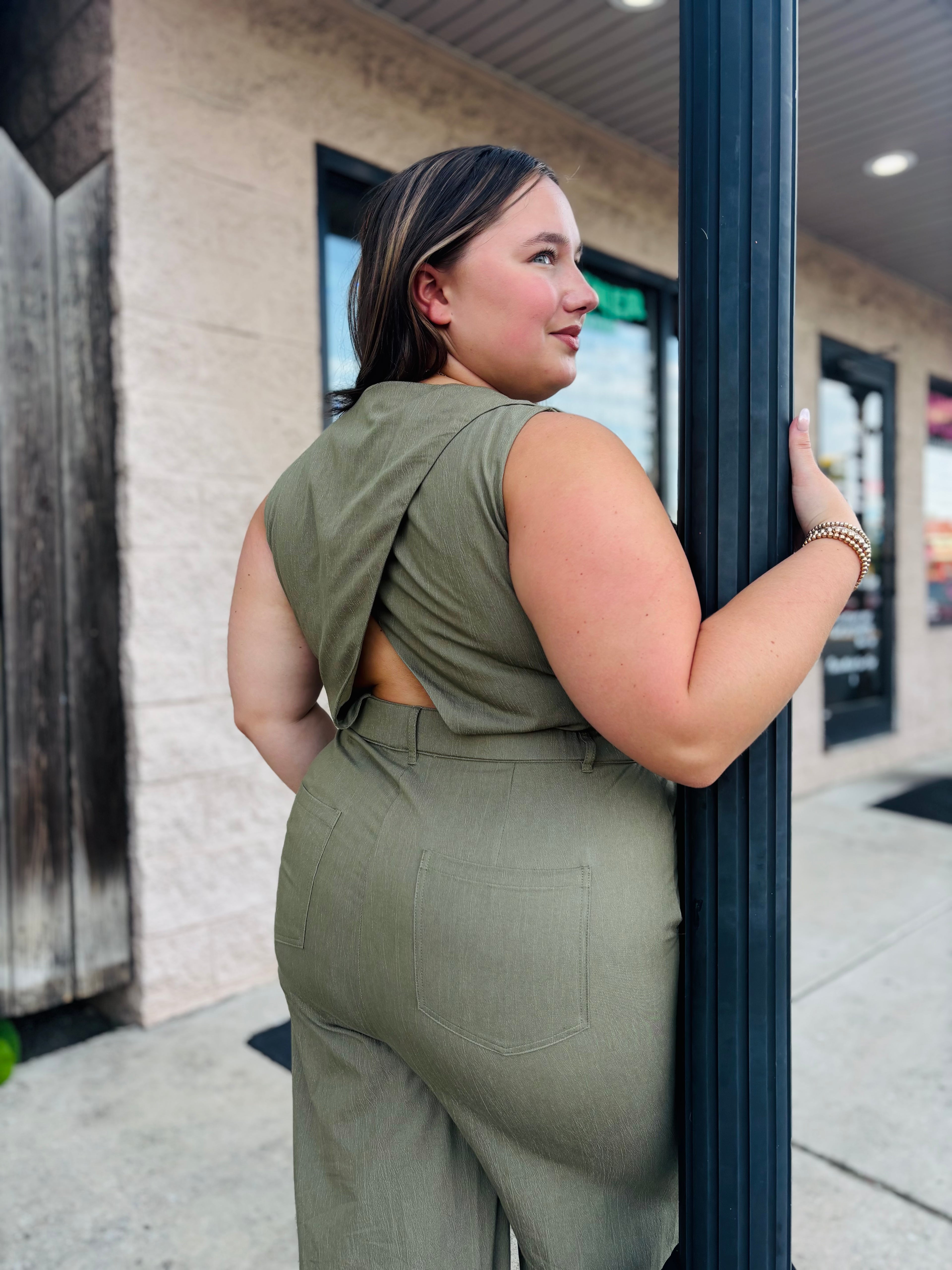 OLIVE BUTTON DOWN JUMPSUIT