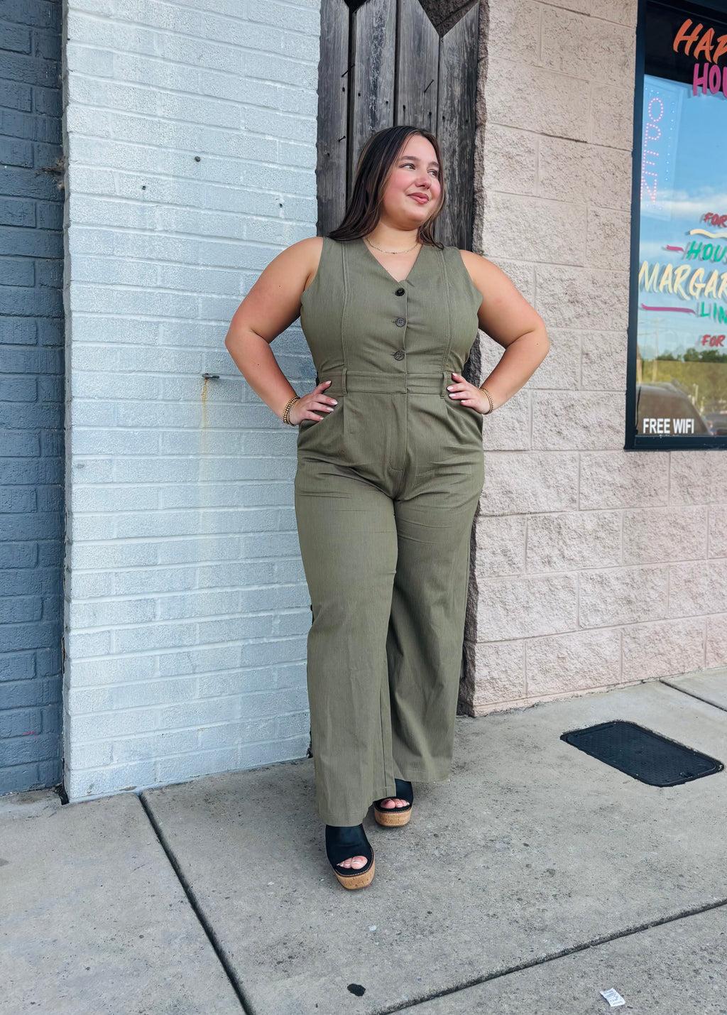 OLIVE BUTTON DOWN JUMPSUIT