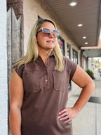 Brown Quarter Button Up Sleeveless Midi Dress