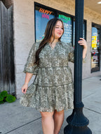 OLIVE CREAM SHEER SLVE PRINTED DRESS