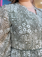 OLIVE CREAM SHEER SLVE PRINTED DRESS