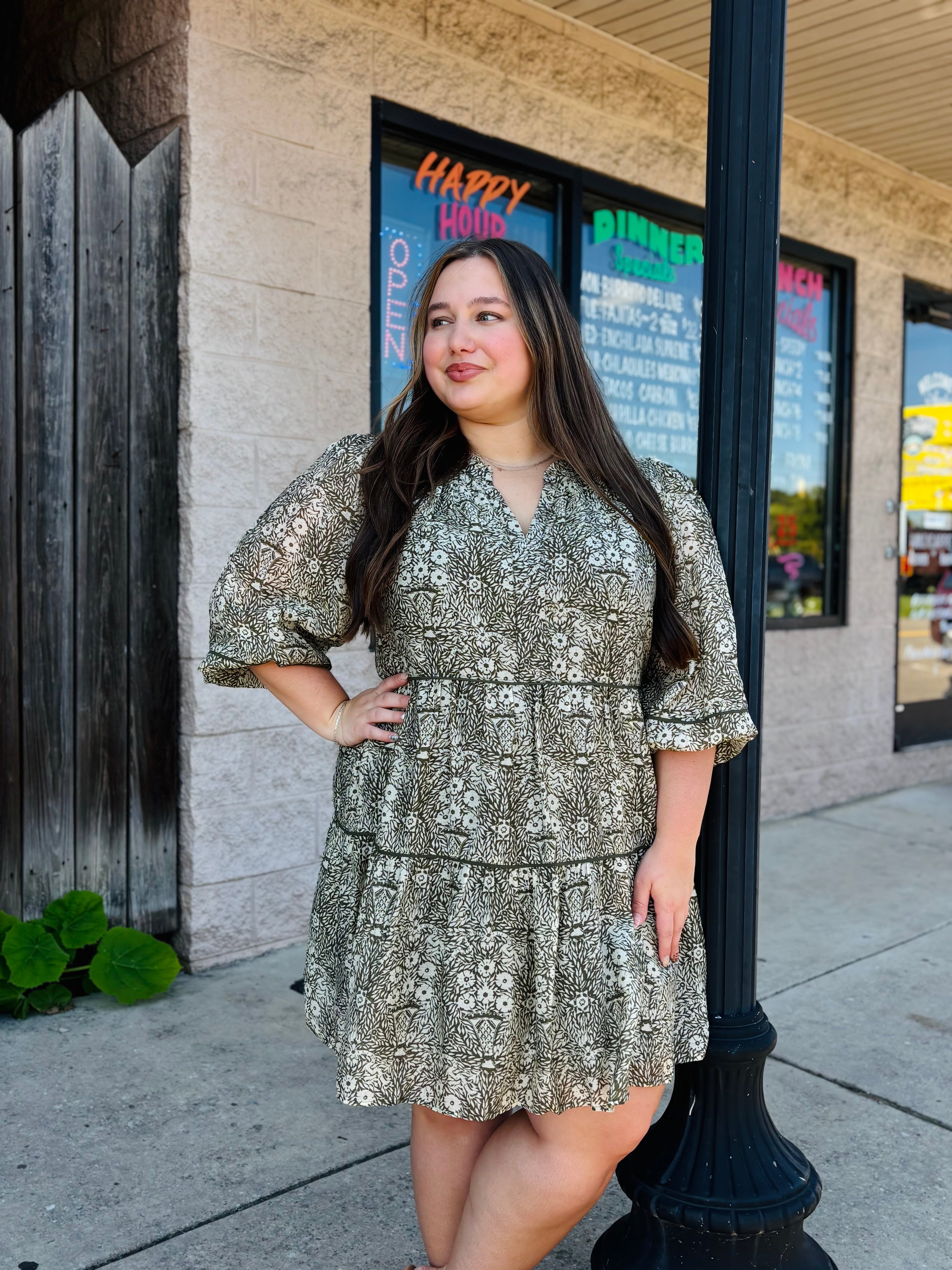 OLIVE CREAM SHEER SLVE PRINTED DRESS