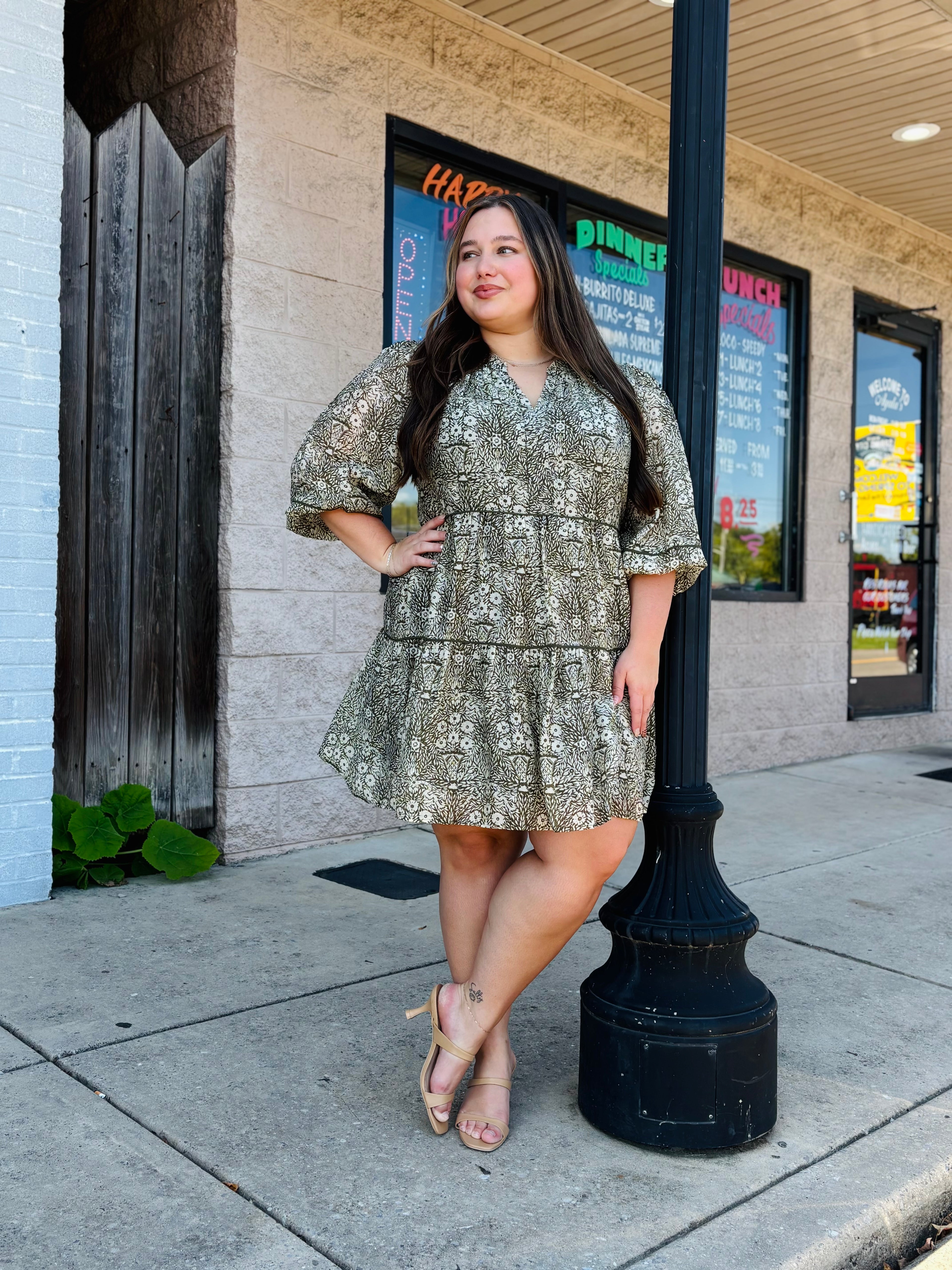 OLIVE CREAM SHEER SLVE PRINTED DRESS