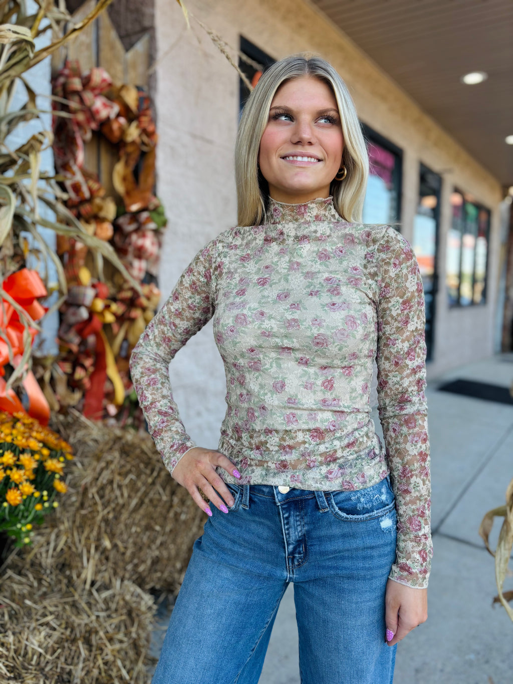 High Neck Fitted Sheer Mesh Lace Knit Top: BEIGE FLORAL