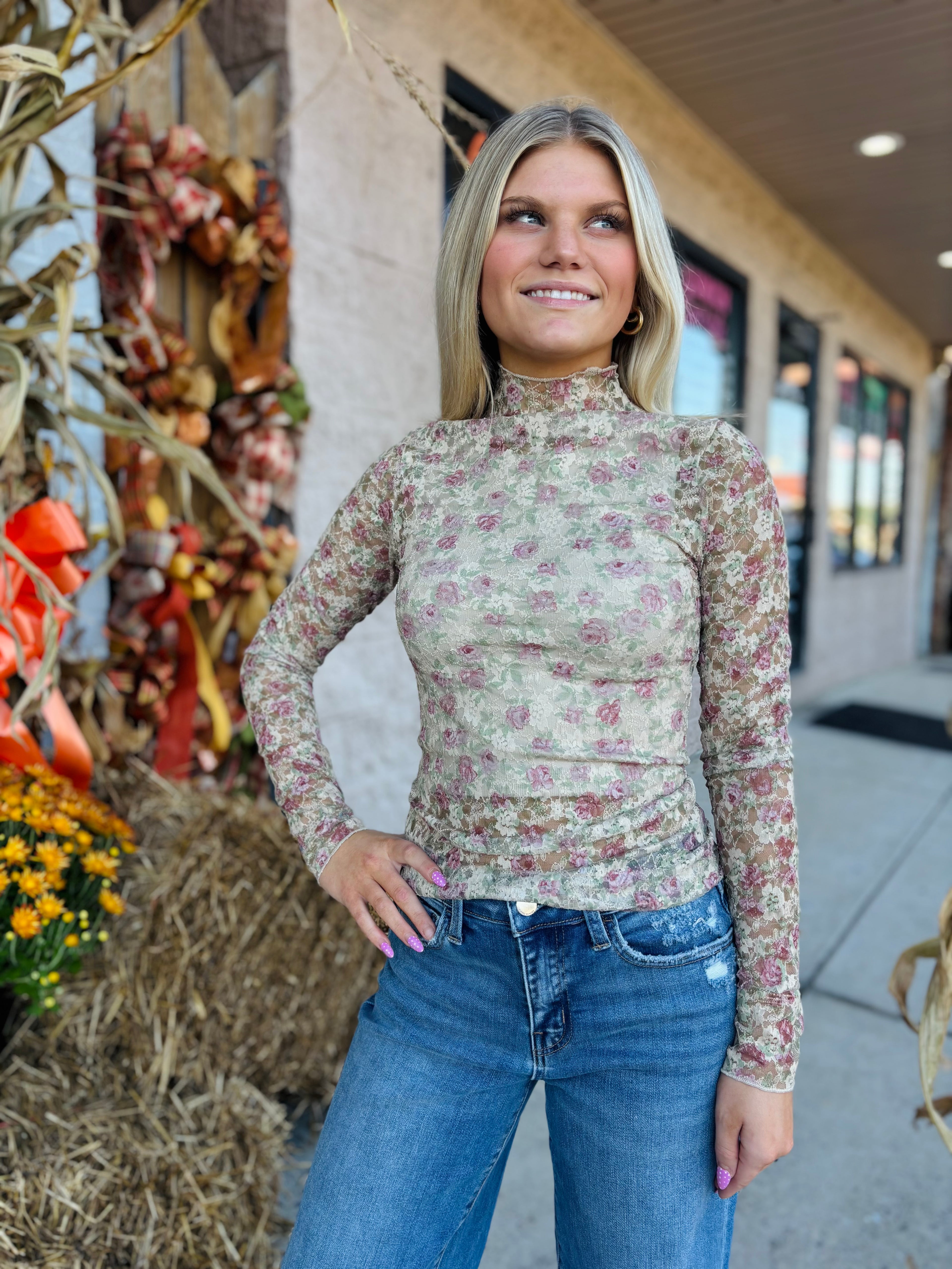 High Neck Fitted Sheer Mesh Lace Knit Top: BEIGE FLORAL