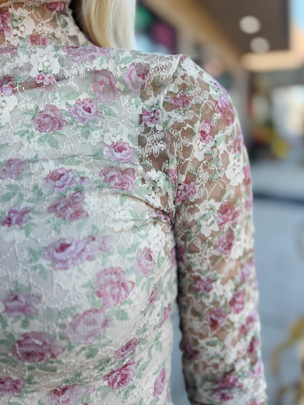 High Neck Fitted Sheer Mesh Lace Knit Top: BEIGE FLORAL