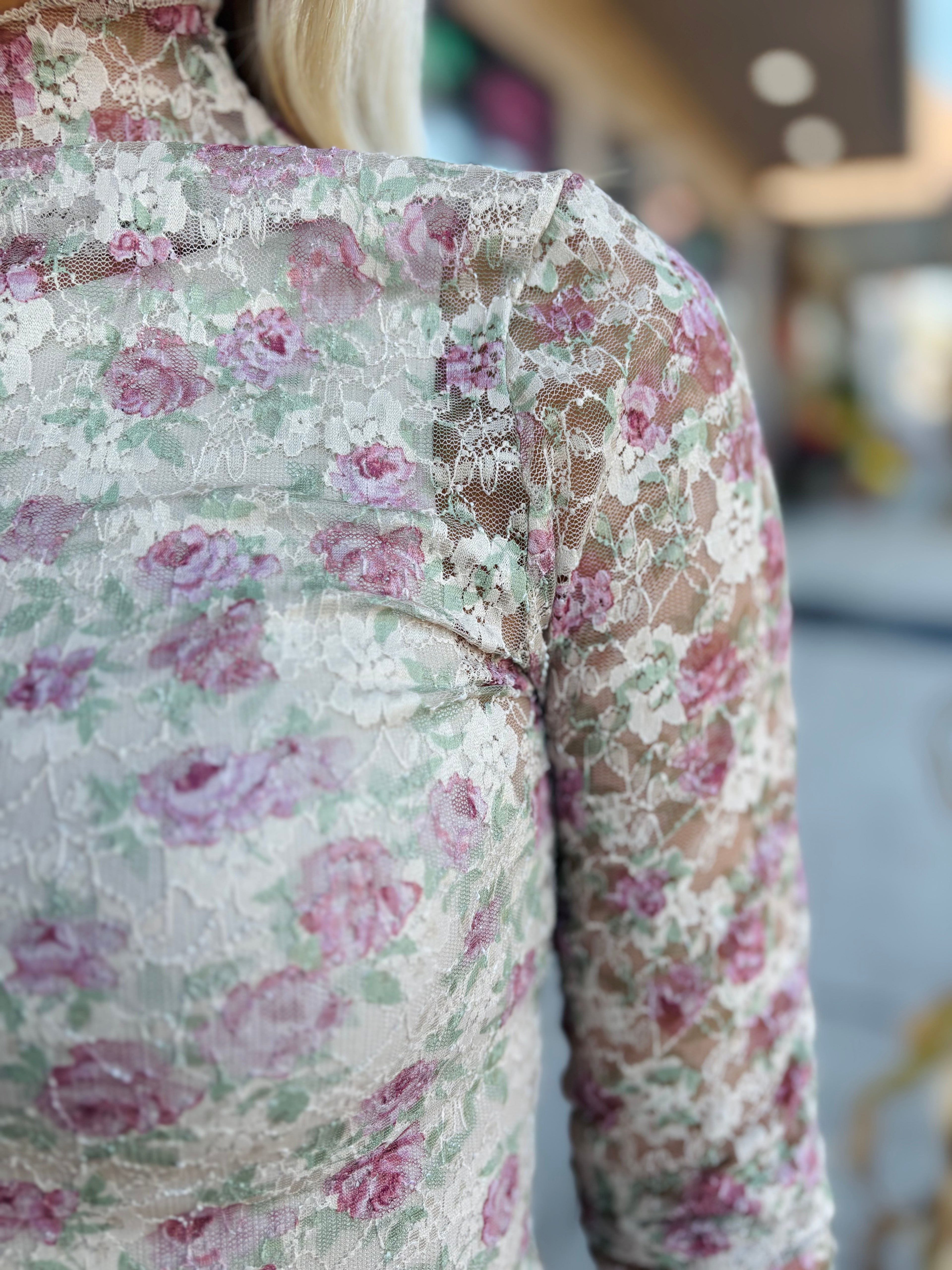 High Neck Fitted Sheer Mesh Lace Knit Top: BEIGE FLORAL