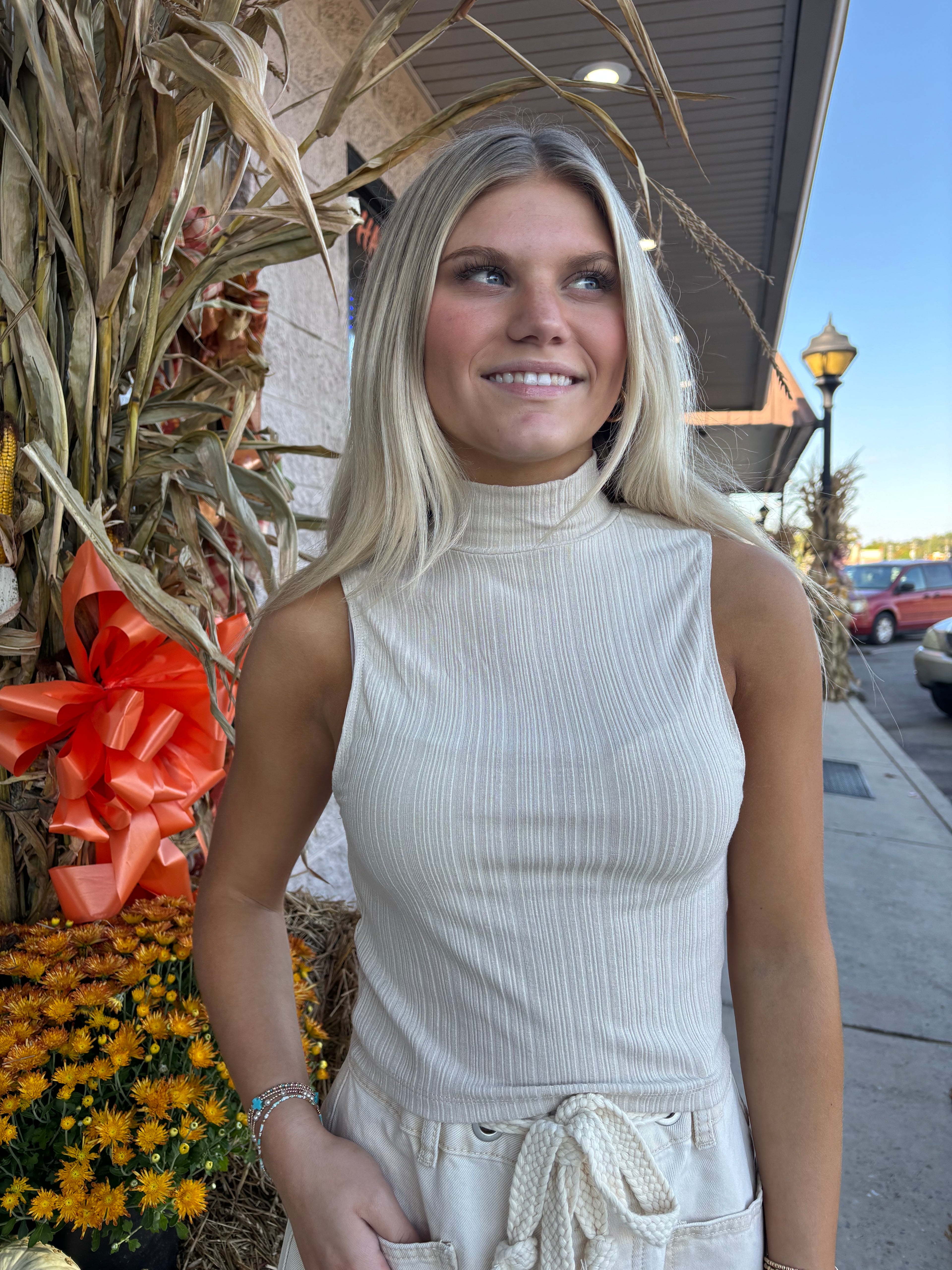 LT TAUPE RIBBED SLEEVELESS TURTLENECK