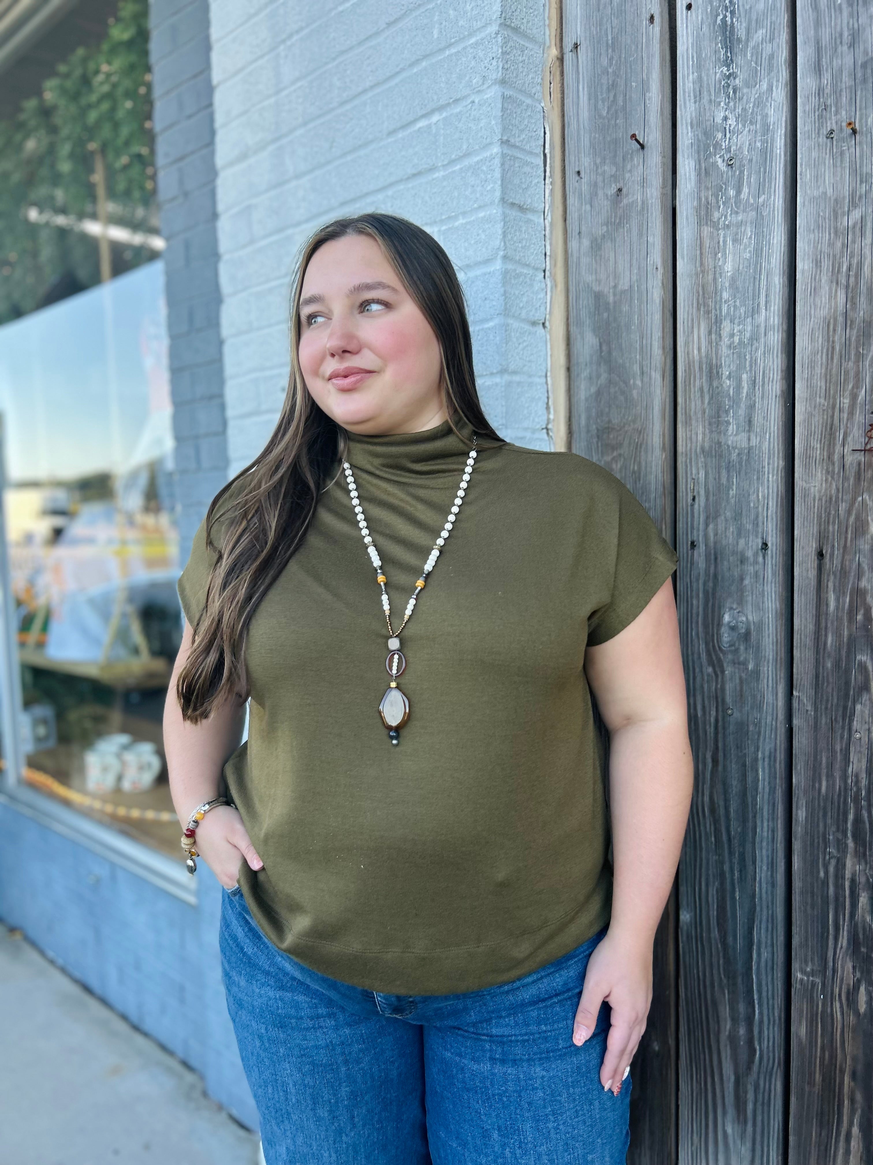 SMALL OLIVE PULLOVER MOCK NECK