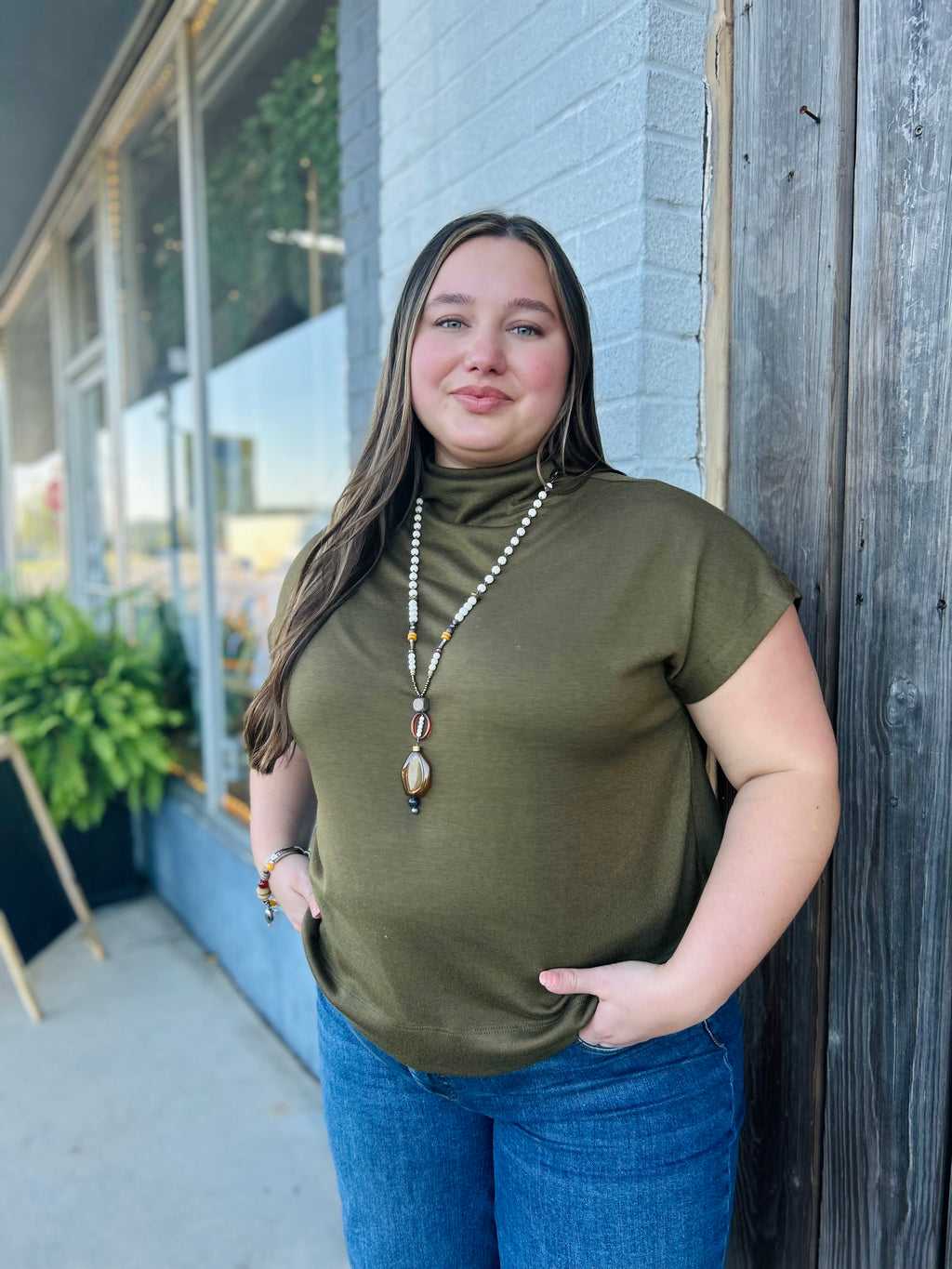 SMALL OLIVE PULLOVER MOCK NECK