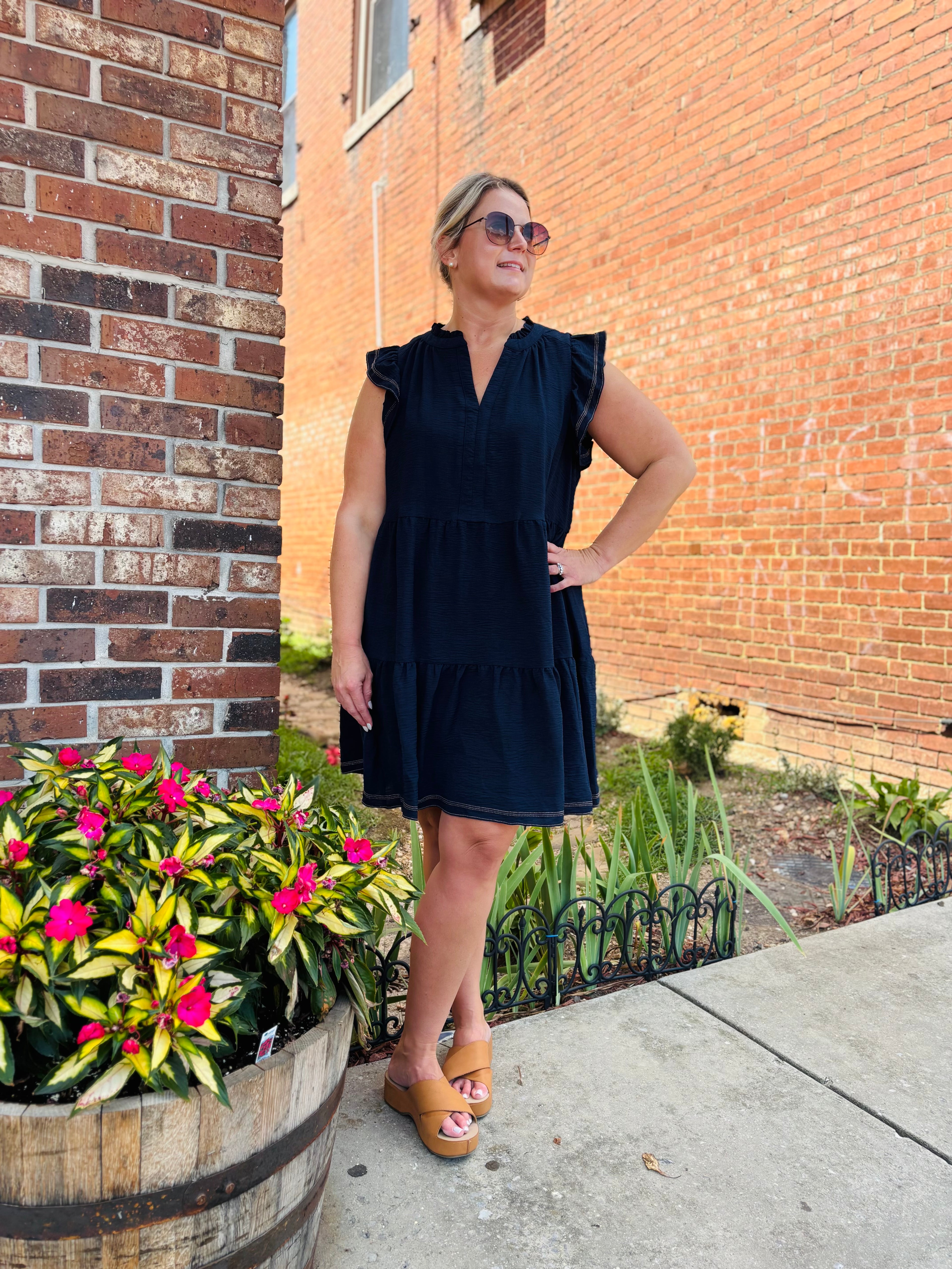 NAVY CONTRAST STITCHED TIERED DRESS