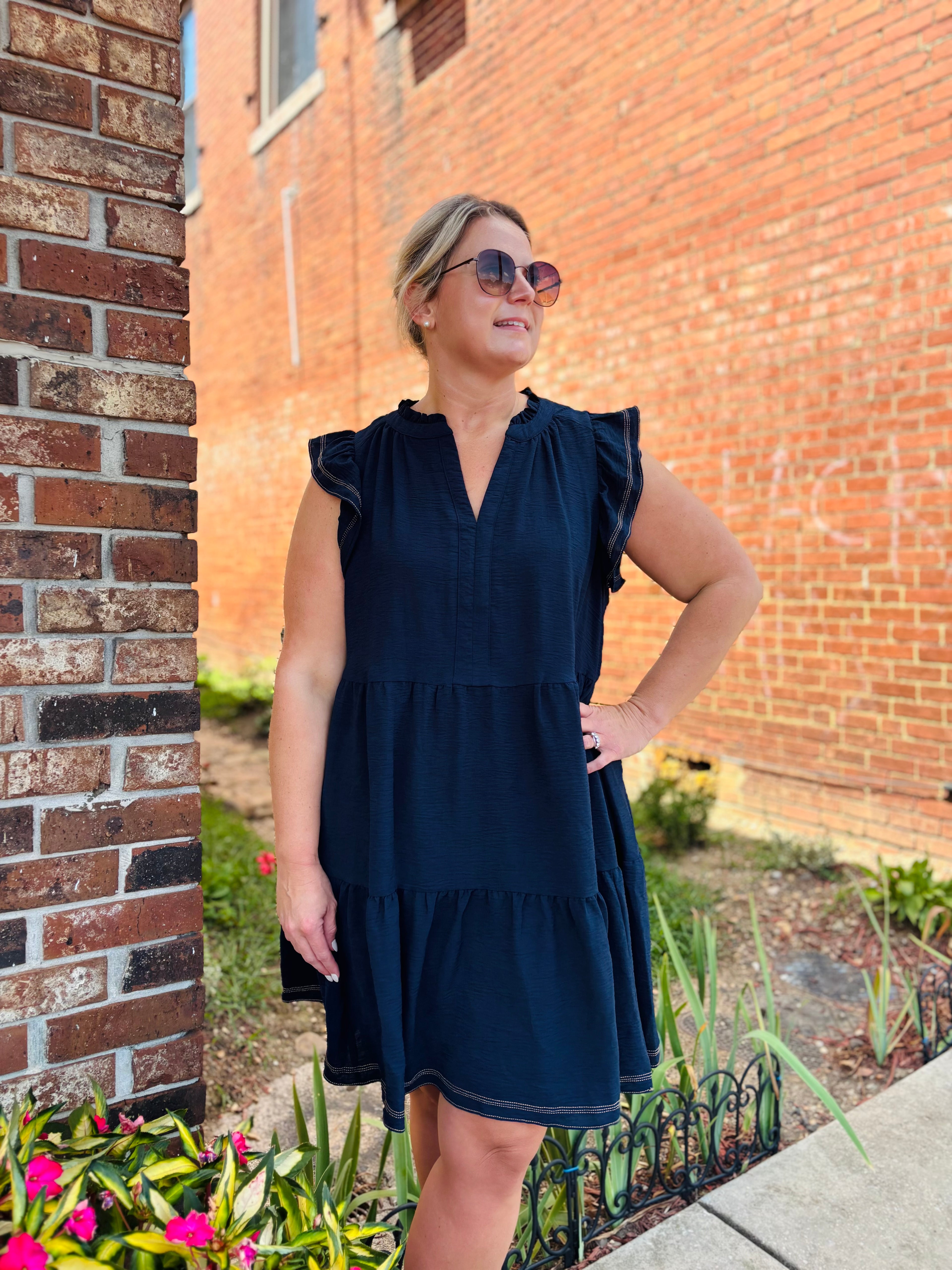 NAVY CONTRAST STITCHED TIERED DRESS