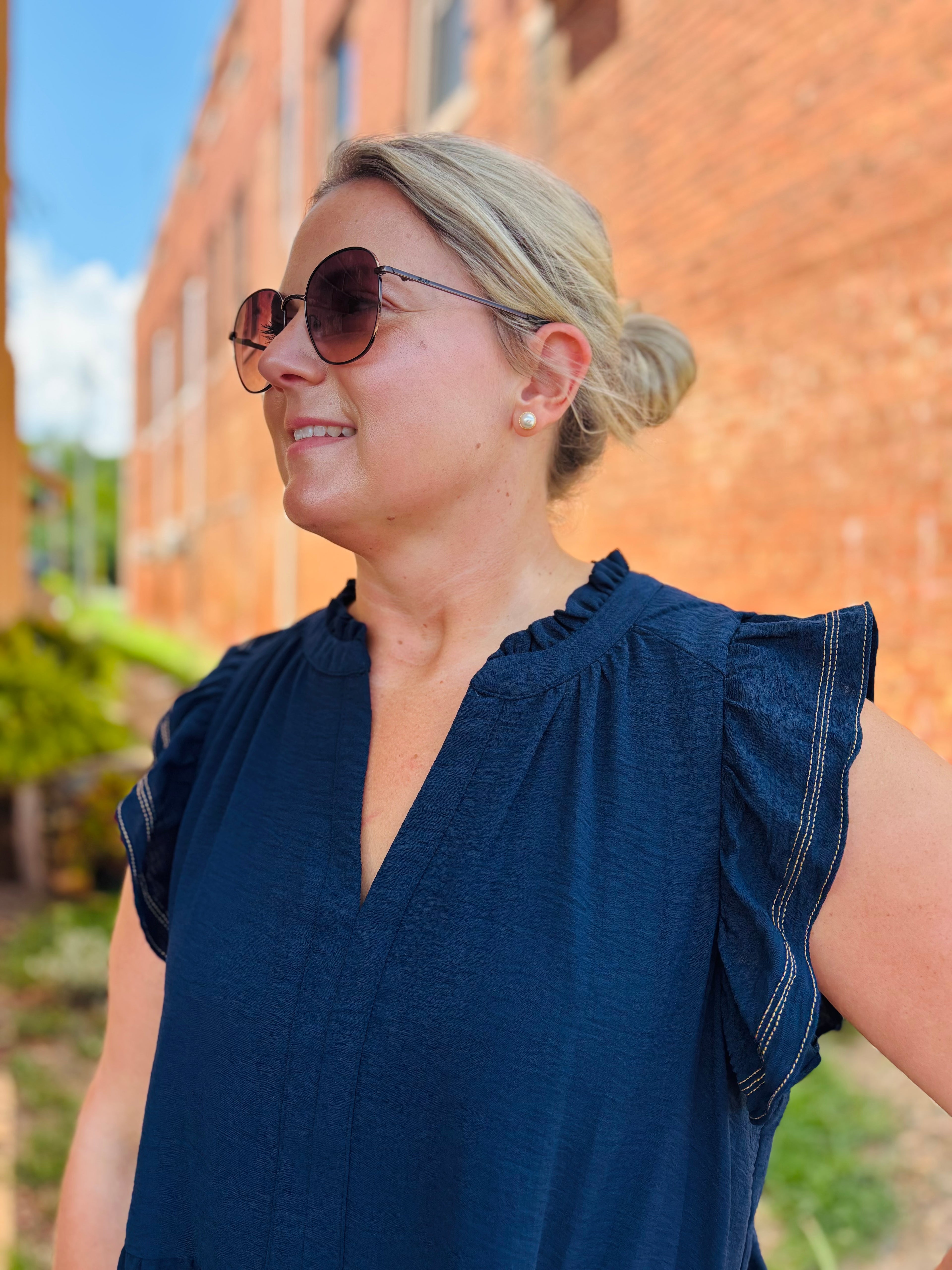 NAVY CONTRAST STITCHED TIERED DRESS