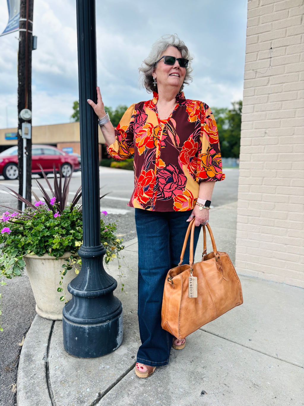 Floral Printed 3/4 Sleeve Blouse: Pink Brown Combo